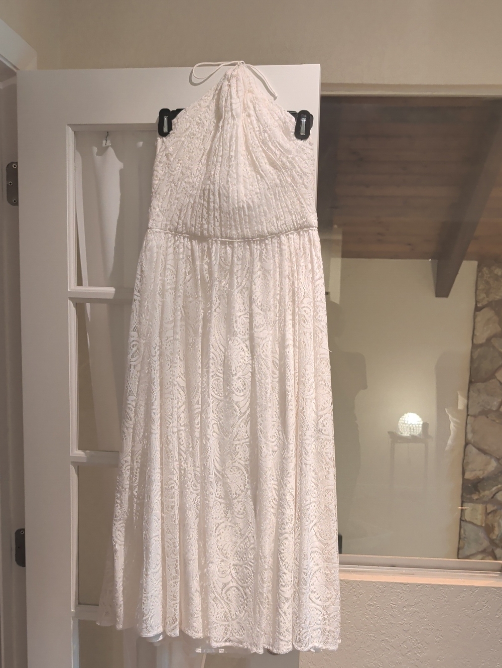 Vera Wang White Lace Halter Dress with Smocked Bodice